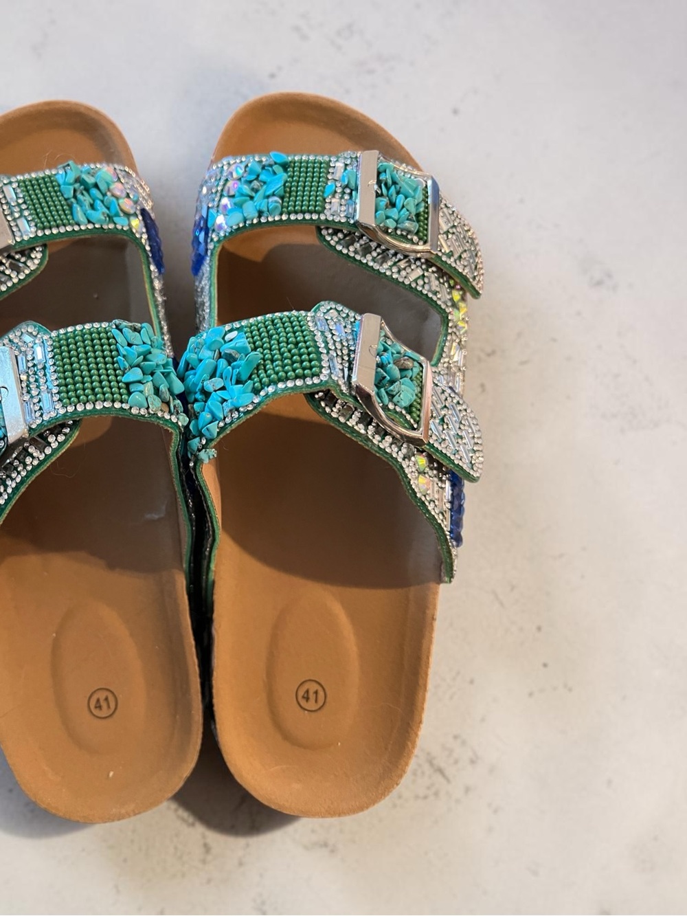 Women’s Turquoise, Blue &Green with Sparkle Accents Double-Buckle Slide Sandals - Picture 2 of 10